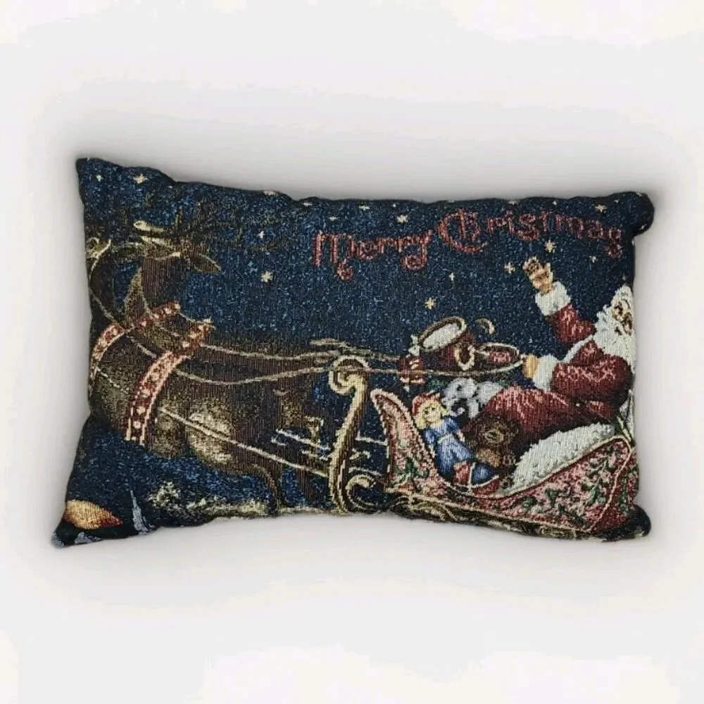 Tapestry Throw Pillow Santa Folk Art Blue Back 16
